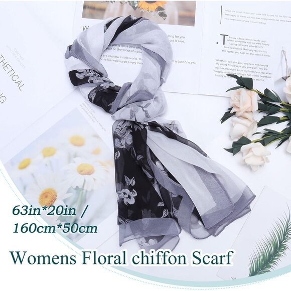 Women's Black+white Fashion Lightweight Head Scarf Floral Print Chiffon Scarves - Picture 3 of 7